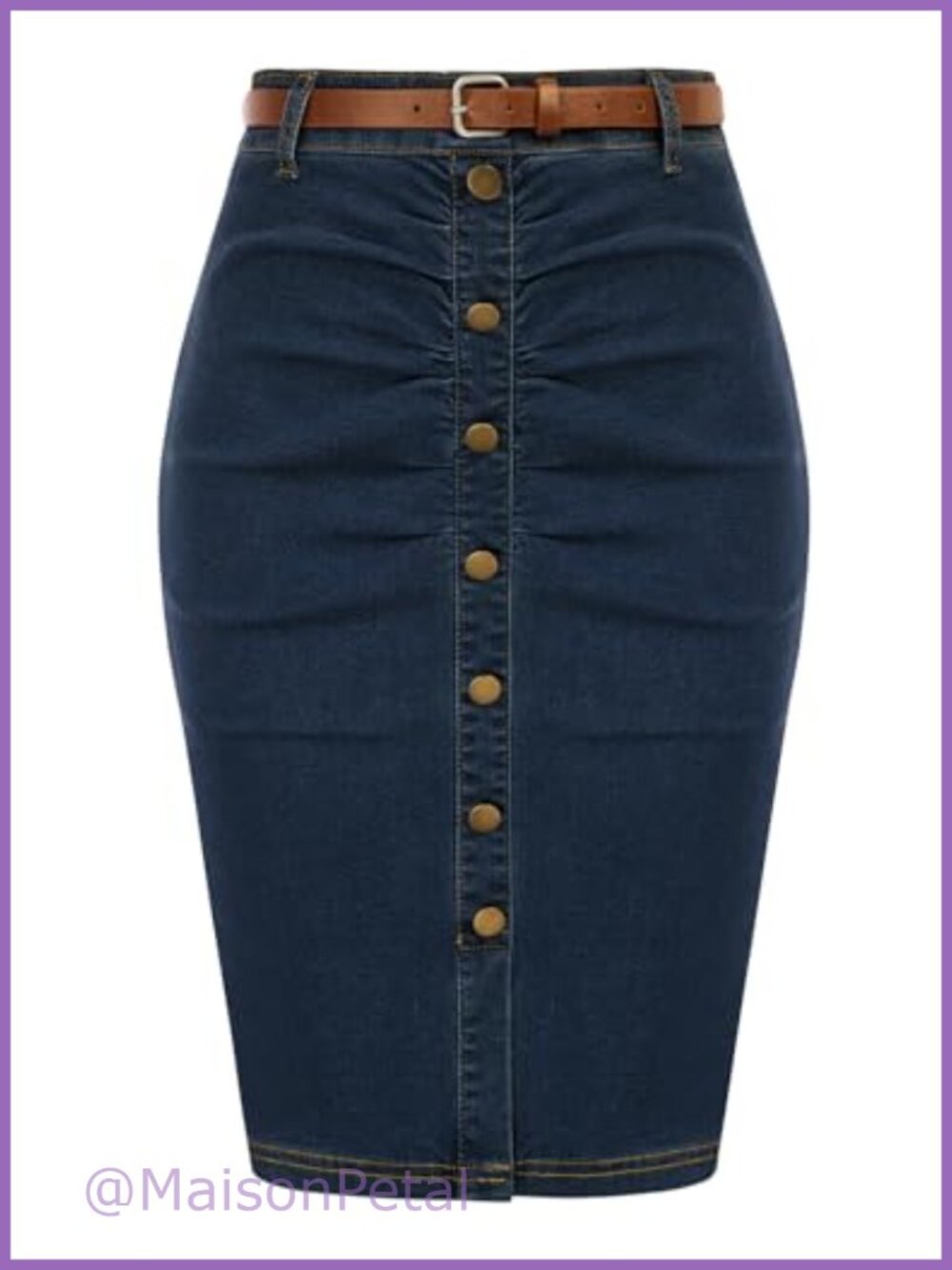 High Waisted Denim Pencil Skirt Womens Ruched Bodycon with Belt Knee Length